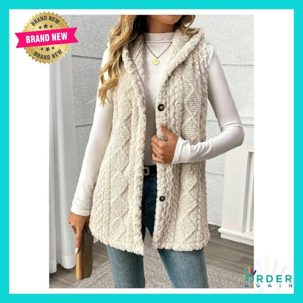 Women's Fleece Hooded Vest Sleeveless Cardigan Coat Chic Winter Outerwear - Picture 5 of 6